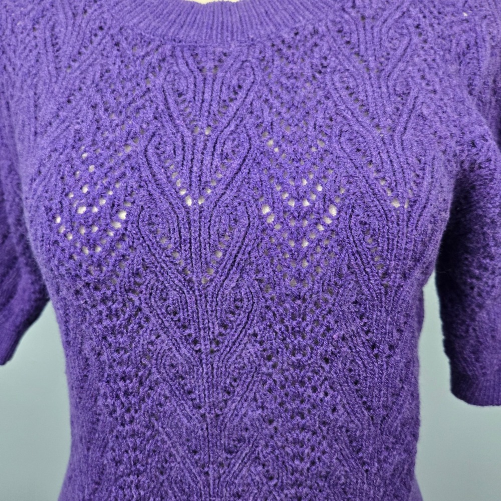 Knit Mix Purple Knit Short Sleeve Top Women's Medium Open Stitch Sweater - Picture 2 of 12